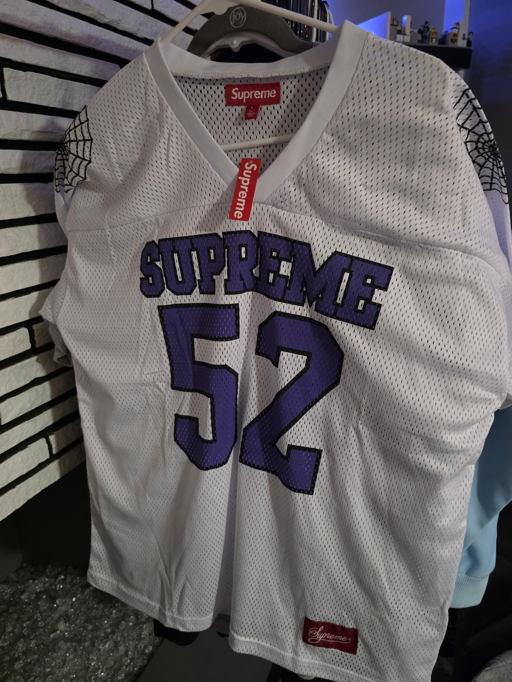 Supreme Spiderweb Football Jersey White Purple Size L